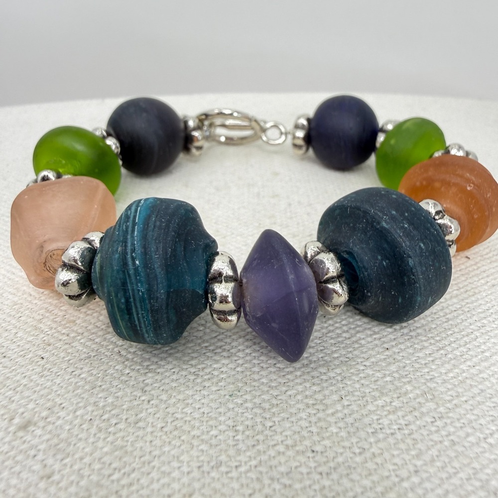 Sea Glass Bead Bracelet Colorful Silver Tone Toggle Clasp Boho‎ Artsy